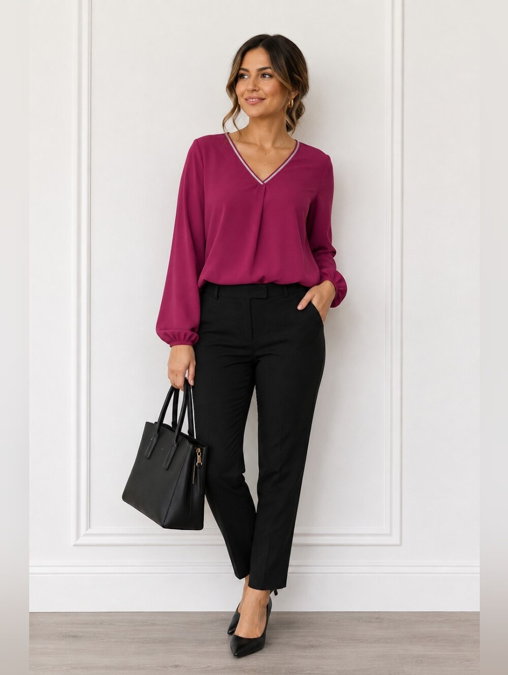 Cato Magenta V Neck Silver Trim Blouse Large Career Office Long Sleeve Work Top